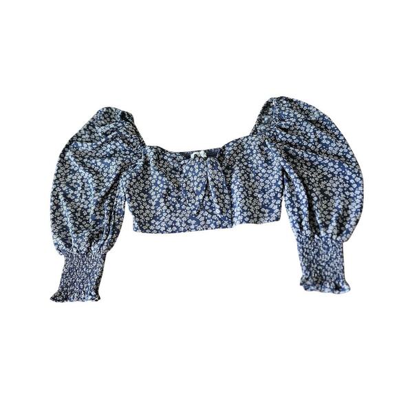 ACOA collection Tops - ACOA Crop Top Blue Floral Balloon Sleeve Blouse Women's Size Small Elastic Back